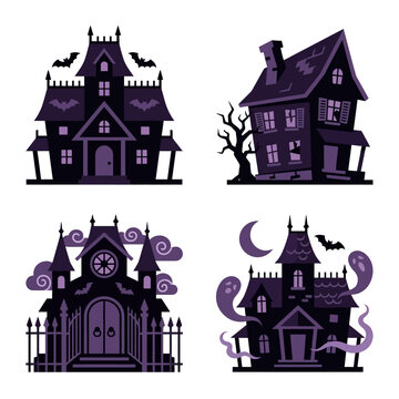 Set of spooky cartoon haunted houses for Halloween decoration