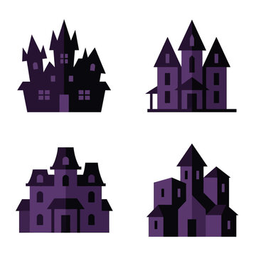 Set of purple haunted house silhouettes for Halloween design