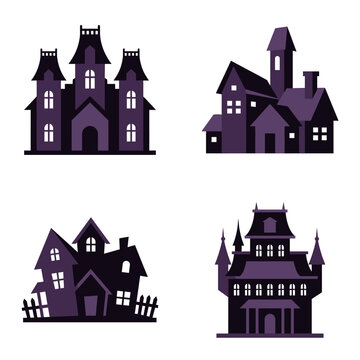 Collection of Four Spooky Purple Haunted House Silhouette Vector Illustrations