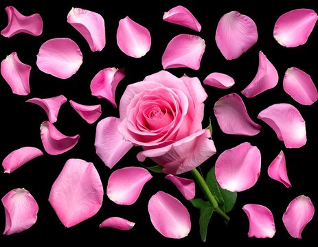 A vibrant pink rose blossom with scattered petals against a stark black background. The flower's details are intricate