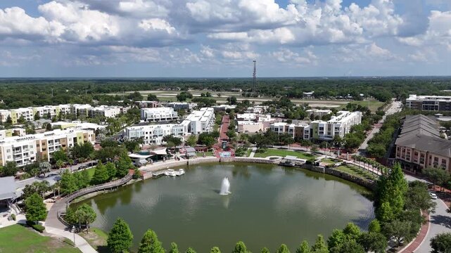 Businesses and apartments at Center Lake Park at downtown Oviedo in Seminole County, Florida.