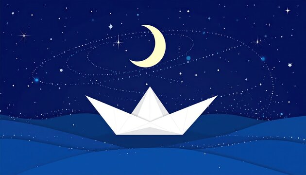 Minimalist Digital Illustration of a White Paper Boat Sailing on Blue Wavy Water at Night Beneath a Crescent Moon and Sparkling Starry Sky