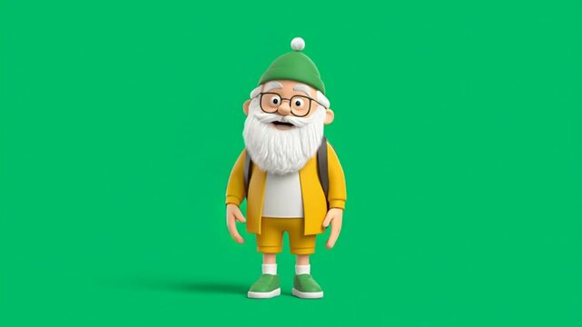 3d video of an old looking dwarf standing while waving his right hand. he wears glasses and also a pointed green hat with a white ball at the end. and was wearing a yellow cardigan and had a long whit