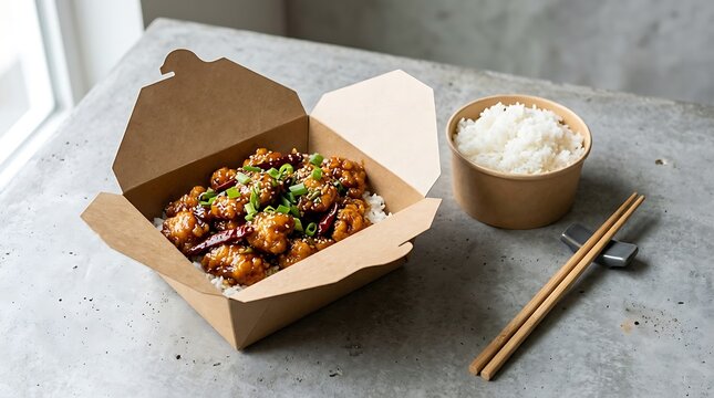 Delicious stir fry chicken with vegetables in a cardboard take away box with white rice and chopsticks. general tso chicken