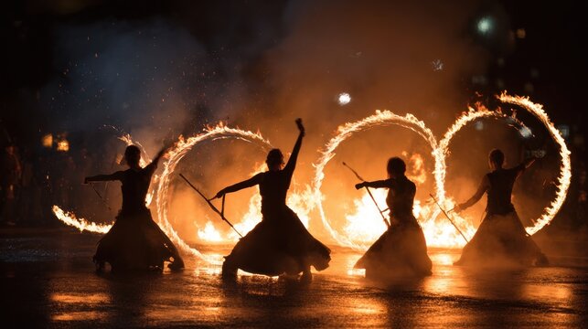 Fire dancers perform with flaming rings