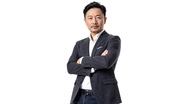 Successful Mature Asian Businessman with Arms Crossed, Professional Portrait of Confident Corporate Executive Isolated on Transparent Background