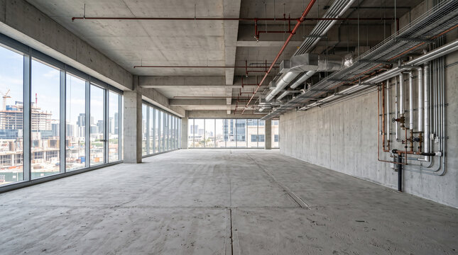 Modern commercial building interior under construction with exposed concrete and steel beams. Spacious unfinished office or retail space with indus...