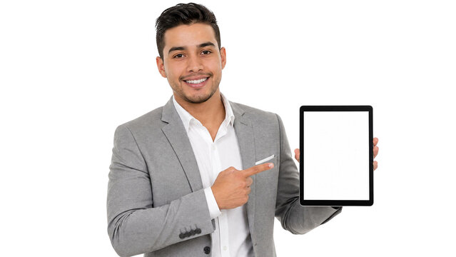 Successful Young Businessman Pointing at Blank Tablet Screen with Transparent Background