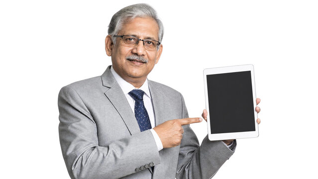 Confident Senior Indian Businessman in Suit Pointing at Tablet Blank Screen - Isolated Transparent Background