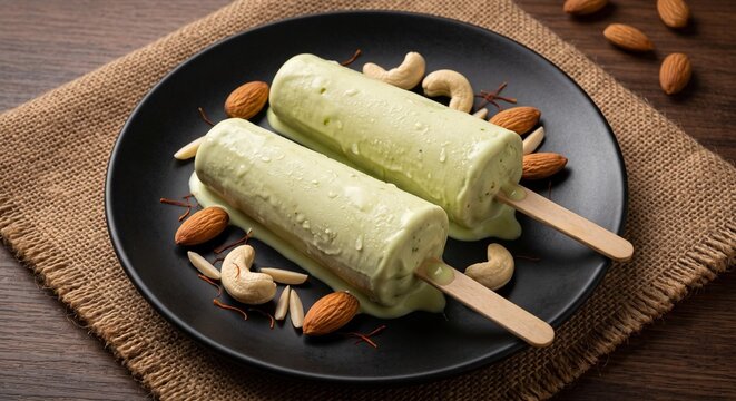 Melting Pistachio Kulfi Indian Ice Cream on Black Plate with Nuts and Saffron