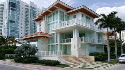 Fototapeta premium Modern luxury villa with glass windows and palm trees in urban coastal setting overlooking the beach and city skyline