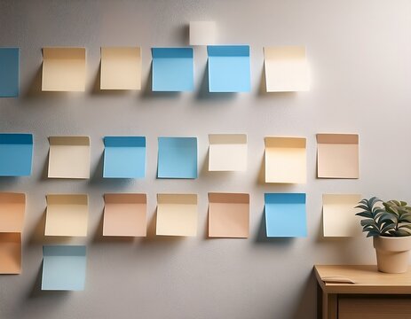 clean wall with several small note papers white beige and pale blue minimal design soft lighting realistic textures