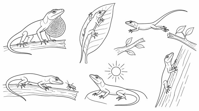 Anolis lizards in various poses, vector line art set