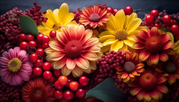 close up of colorful blooming flowers with red and yellow petals surrounded by berries