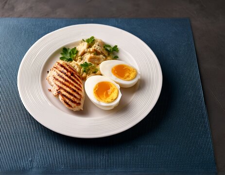 healthy simple meal with egg halves and small grilled chicken portion white plate and minimal design