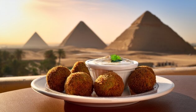 falafel plate with tahini sauce overlooking the great pyramids of giza