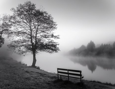 solitary bench beside calm river in grayscale with fog and trees