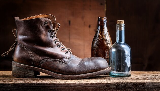 still life of worn leather boots and old bottles on a rustic table