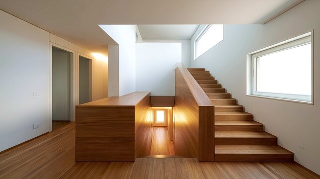 Modern minimalist interior design featuring wooden staircase and bright open space in contemporary home environment
