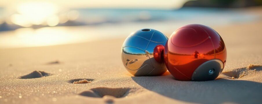 Chrome boccia balls gleam on sandy beach; bright sunlight , summer, Boccia
