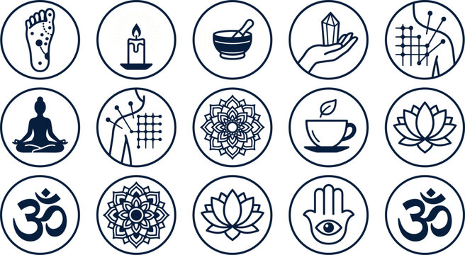 Vector set of holistic wellness and alternative medicine line icons featuring reflexology acupuncture yoga crystal lotus mandala om and hamsa hand