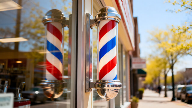 A vintage barber pole with red, white, and blue stripes spinning in spring sunlight.