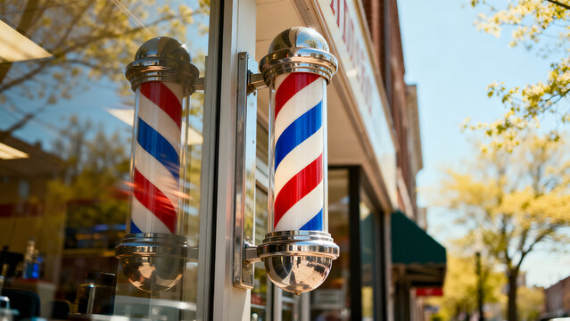 A vintage barber pole with red, white, and blue stripes spinning in spring sunlight.