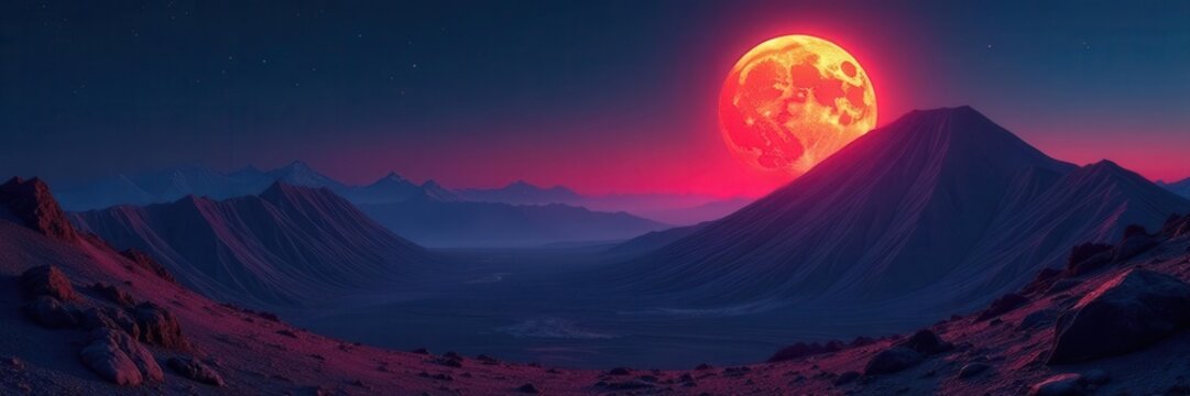 Full moon hangs over Etna's crater, Martian-like landscape , phenomenal, black