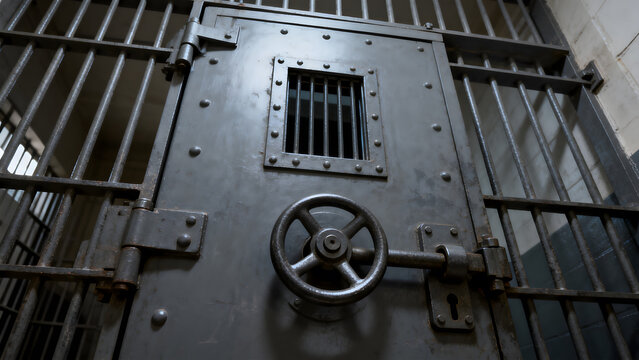 Weathered steel prison door with observation window and lock.