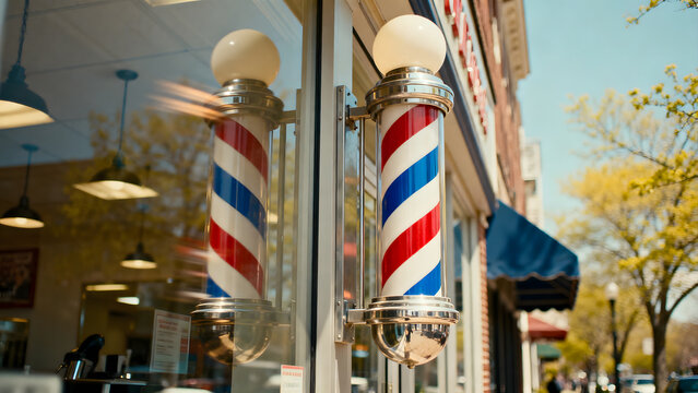 A vintage barber pole with red, white, and blue stripes spinning in spring sunlight.