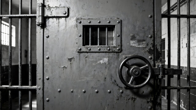 Weathered steel prison door with observation window and lock.