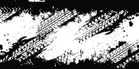 Tire tread marks, wheel textures, tire marks - car racing, motocross, drift, rally, off-road and others. Vector black isolated texture in grunge style © Arjun