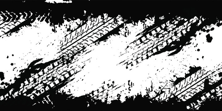 Tire tread marks, wheel textures, tire marks - car racing, motocross, drift, rally, off-road and others. Vector black isolated texture in grunge style
