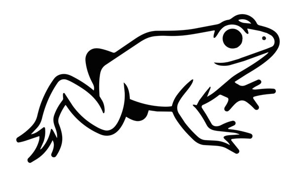 Minimalist side profile of a leaping frog with bold black outline and solid white fill on a plain background, simple animal silhouette design