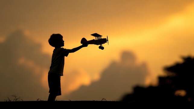 Child playing with toy airplane at sunset