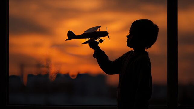 Child holding toy airplane at sunset