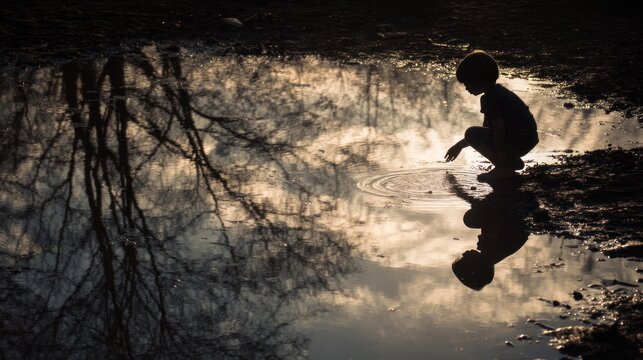 Child playing with puddle reflection