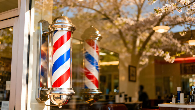 A vintage barber pole with red, white, and blue stripes spinning in spring sunlight.