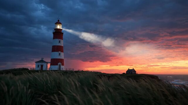 Lighthouse beam rotating during sunset over ocean