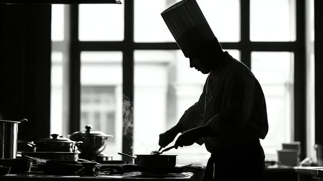 Chef cooking in kitchen monochrome