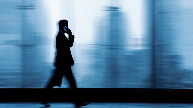 Man walking talking on phone blurred motion