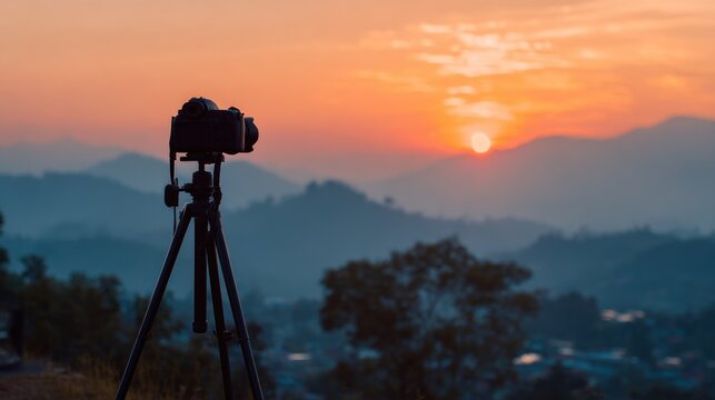 Camera on tripod at sunset mountains