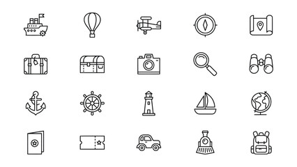 Collection of Travel and Adventure Icons with Transparent Background Featuring Various Transportation and Exploration Symbols © RANUKA  BAIRAGI