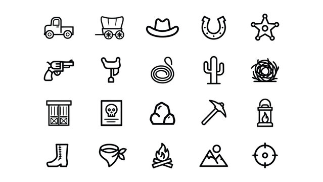 Collection of vintage western and outdoor adventure icons with transparent background for creative projects