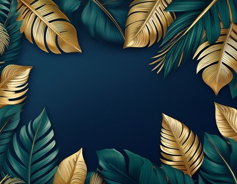 gold and green tropical leaf border on dark navy blue background