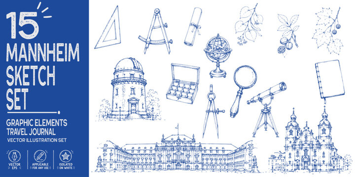 Mannheim travel journal collection. Hand drawn Mannheim landmarks and scientific instrument heritage elements. Mannheim Palace, Jesuit Church, brass telescope, drafting compass, armillary sphere. 