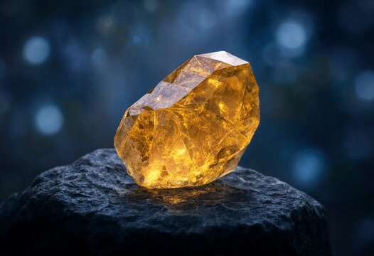 Luminous citrine crystal glowing atop textured dark stone with blue bokeh background, showcasing natural gemstone beauty, luxury, mineral energy, elegance, clarity, and brilliance.