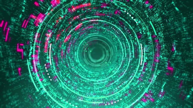 Futuristic Digital HUD Tunnel with Neon Green and Pink Glow