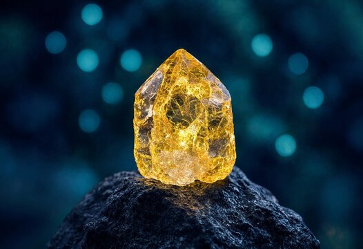 Luminous citrine crystal glowing atop textured dark stone with blue bokeh background, showcasing natural gemstone beauty, luxury, mineral energy, elegance, clarity, and brilliance.