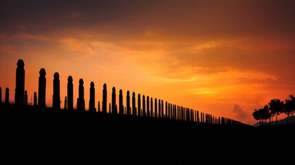 Obraz premium Sunset silhouette fence posts landscape